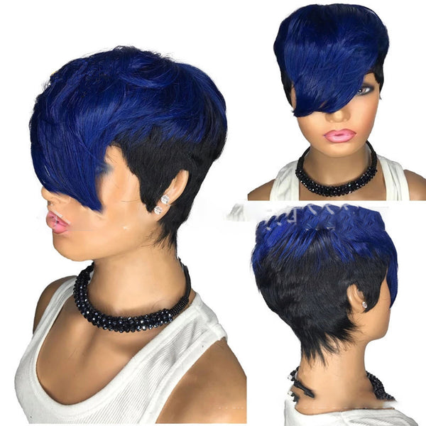 Blue Ombre Wavy Color Short Straight Bob Pixie Cut Made Glueless Non Lace 100 Remy Human Hair Wigs Wholesale For Black Women