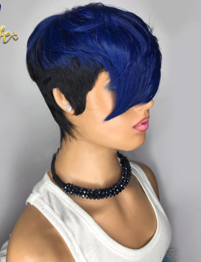 Blue Ombre Wavy Color Short Straight Bob Pixie Cut Made Glueless Non Lace 100 Remy Human Hair Wigs Wholesale For Black Women