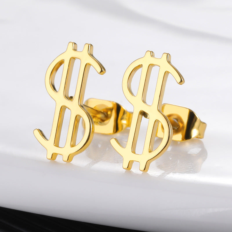 European And American New Simple Stainless Steel Earrings For Men And Women With Dollar Signs