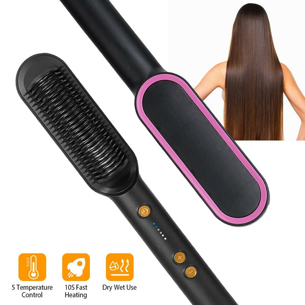 2-in-1 Electric Hair Straightener Brush Hot Comb Adjustment Heat Styling Curler